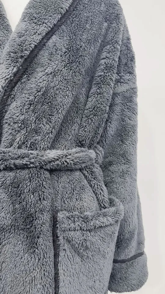Charcoal Coral Fleece Bathrobe - Detail View, Polyester, Shawl Collar, Charcoal, 400GSM, Image 1