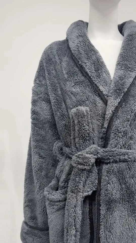 Charcoal Coral Fleece Bathrobe - Collar Detail, Polyester, Shawl Collar, Charcoal, 400GSM, Image 3