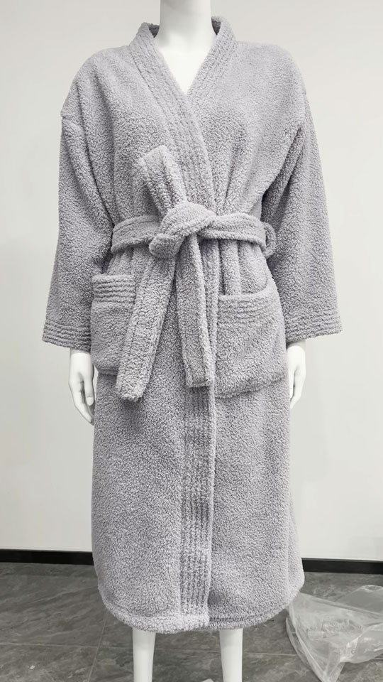 Purple Coral Fleece Kimono Bathrobe - Front View, Polyester, Kimono, Purple, 300GSM, Image 3