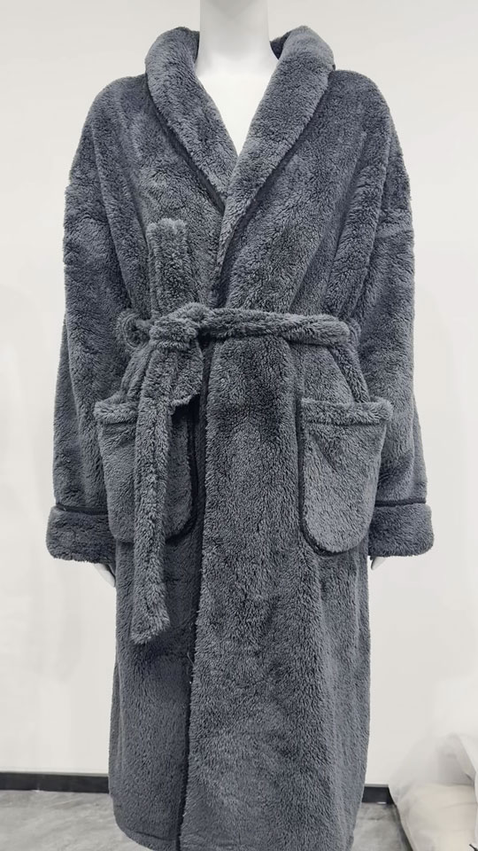 Charcoal Coral Fleece Bathrobe - Front View, Polyester, Shawl Collar, Charcoal, 400GSM, Image 4