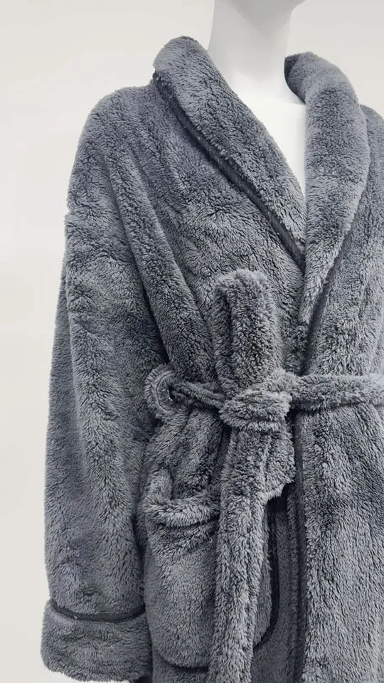 Charcoal Coral Fleece Bathrobe - Left Side View, Polyester, Shawl Collar, Charcoal, 400GSM, Image 5