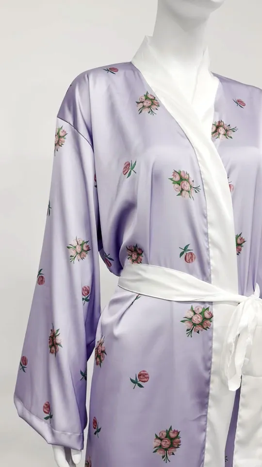 Purple Printed Silk Like Bathrobe - Left Side View, Silk Like, Shawl Collar, Purple, 100GSM, Image 1