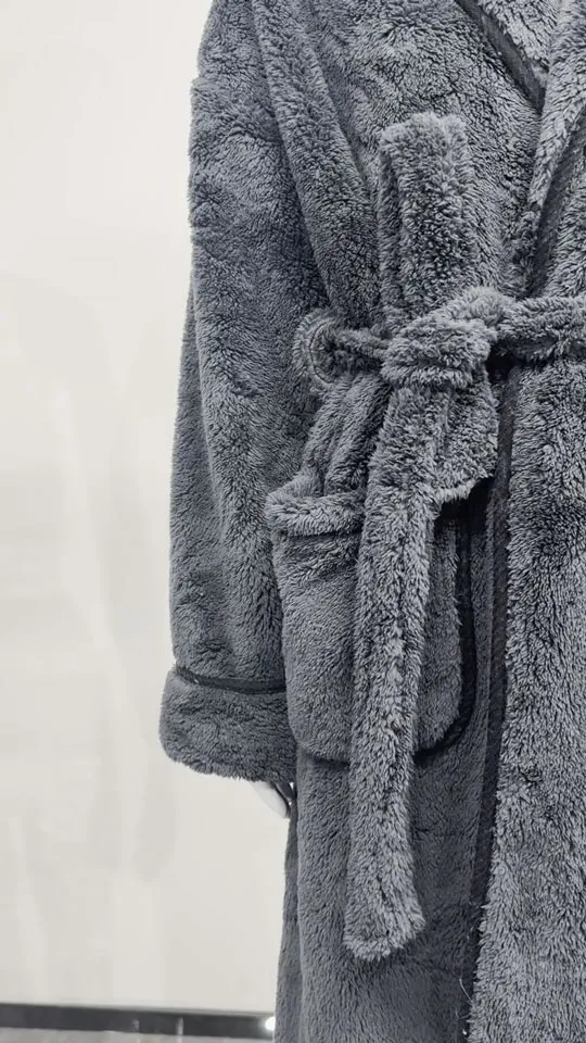 Charcoal Coral Fleece Bathrobe - Detail View, Polyester, Shawl Collar, Charcoal, 400GSM, Image 2