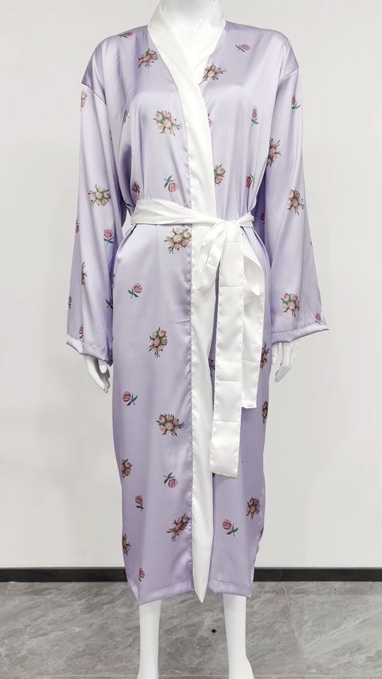 Purple Printed Silk Like Bathrobe - Front View, Silk Like, Shawl Collar, Purple, 100GSM, Image 2