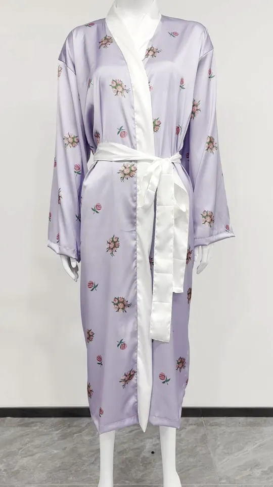 Purple Printed Silk Like Bathrobe product image.