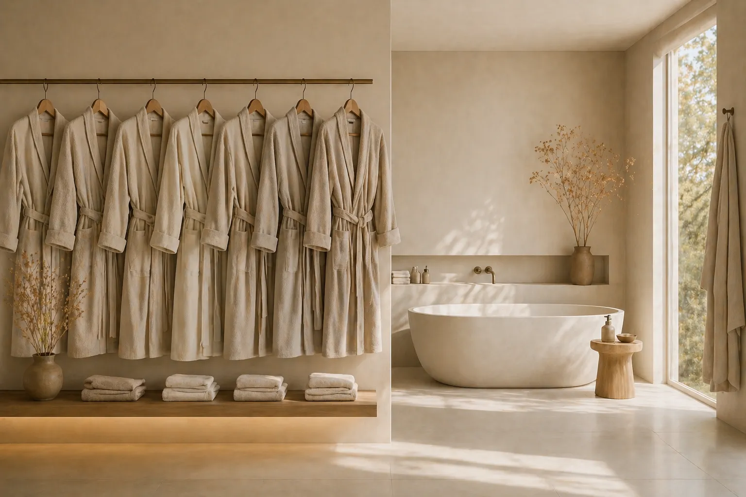 Editorial collage showing custom bathrobes for hotel, spa, resort, and private-label bathrobe programs.