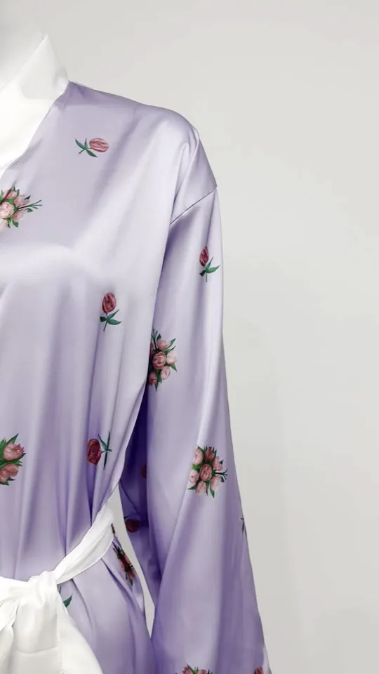 Purple Printed Silk Like Bathrobe - Right Side View, Silk Like, Shawl Collar, Purple, 100GSM, Image 3