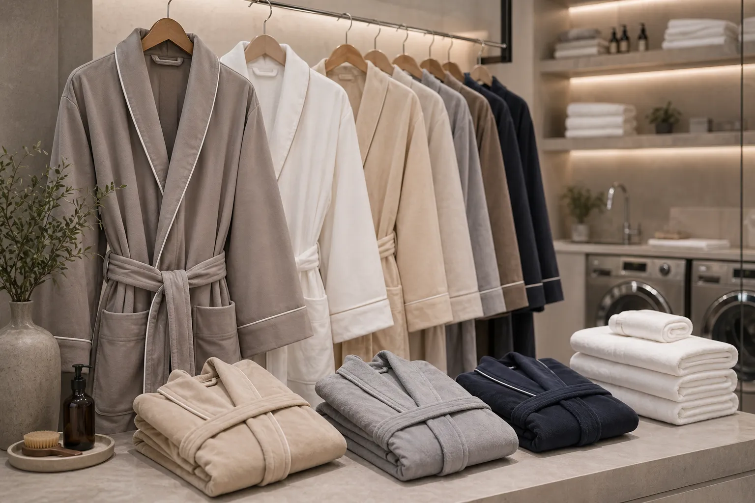 Durable quick-dry synthetic fiber bathrobes displayed in a clean hospitality utility setting.