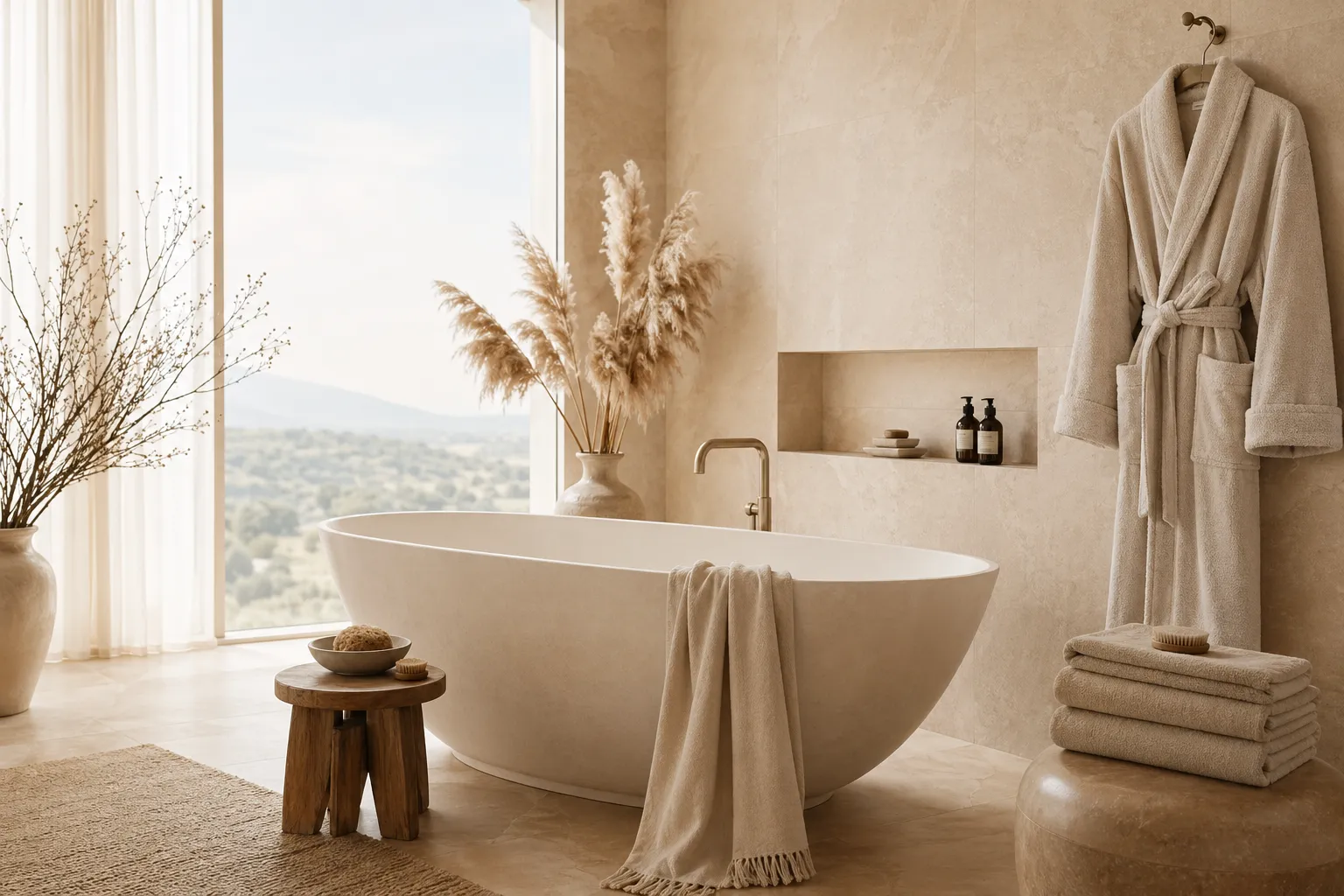 Warm hospitality bathroom setting with a hanging bathrobe and spa-ready presentation.