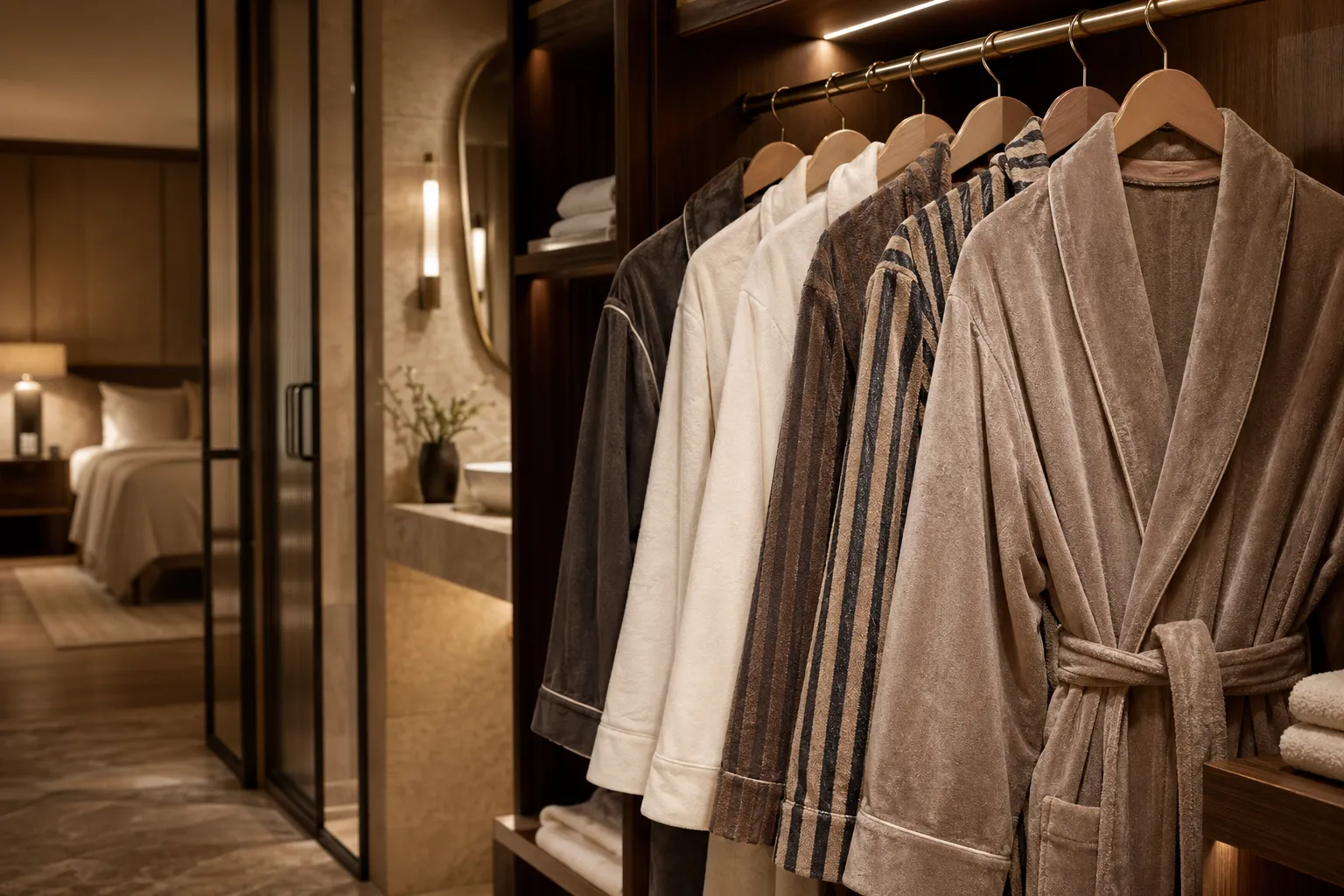 Premium velour and yarn-dyed bathrobes displayed in a high-end hotel setting.