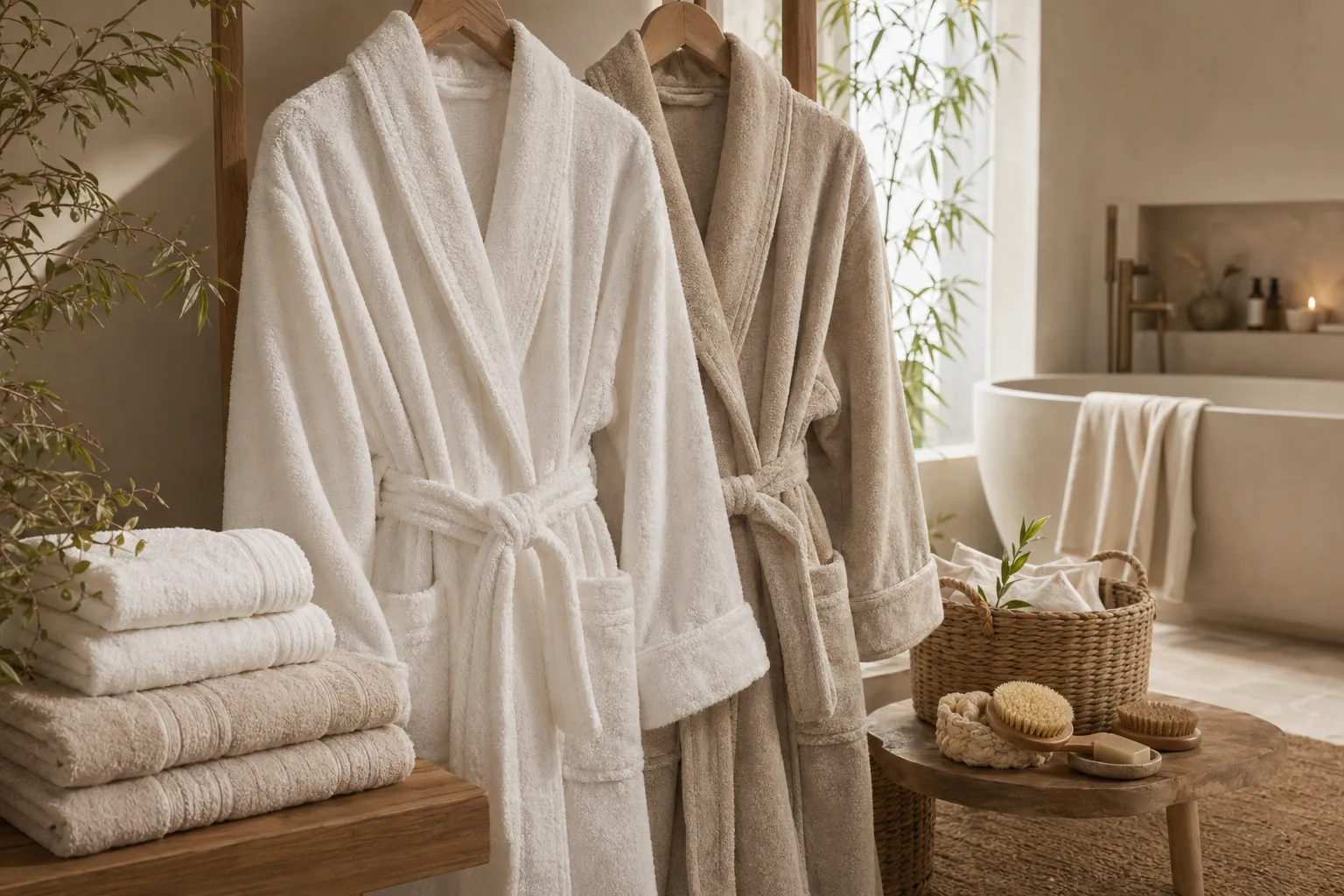 Cotton and bamboo bathrobes presented in a warm spa and home comfort setting.