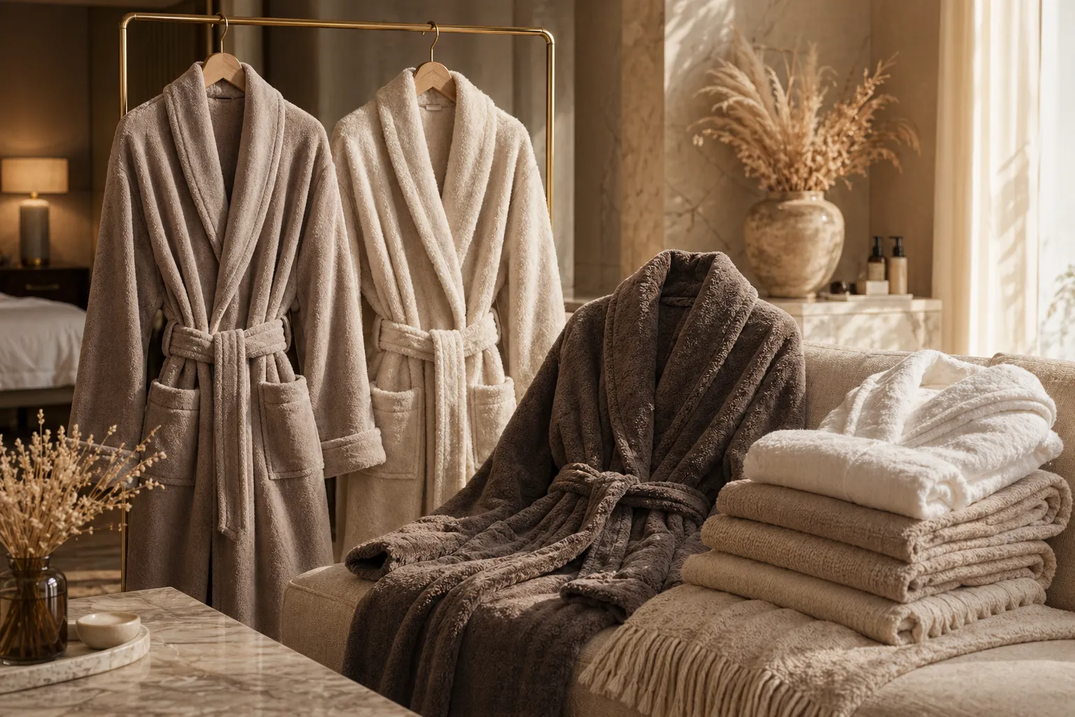 Velour, plush, and wool-like luxury bathrobes arranged in an upscale suite-style setting.