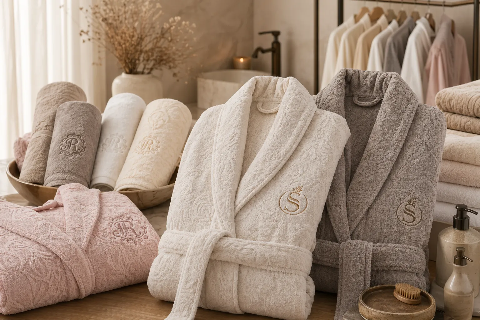 Premium jacquard and embroidered bathrobes shown in a refined branding presentation.