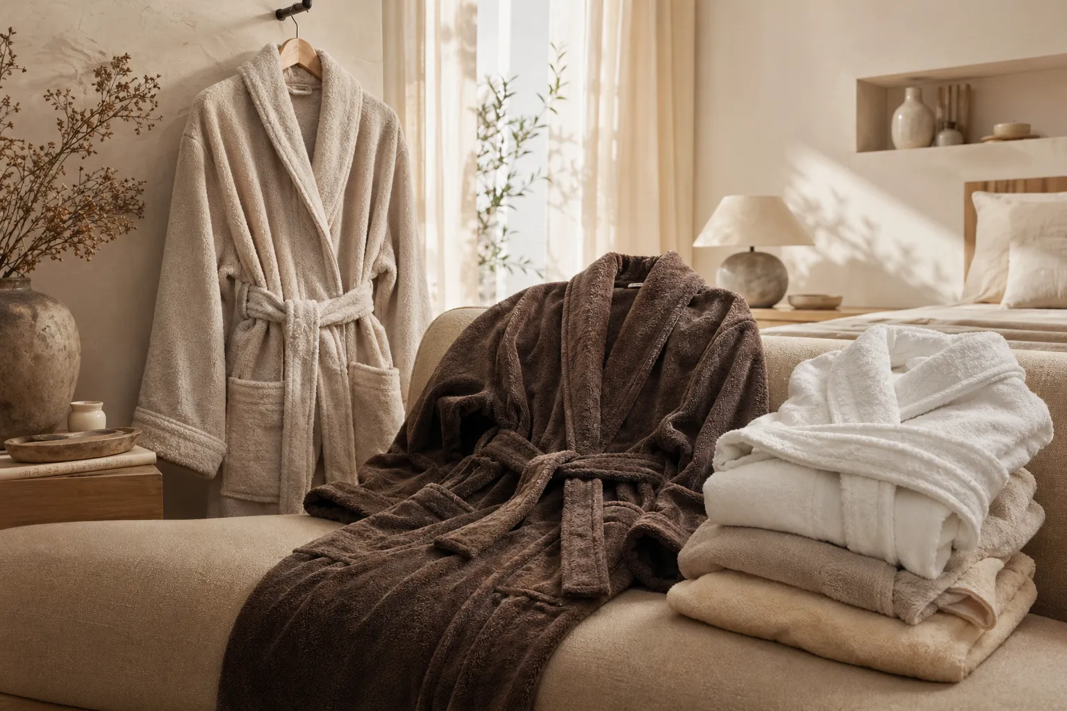 Soft luxury bathrobes presented in an elegant home lounge setting.