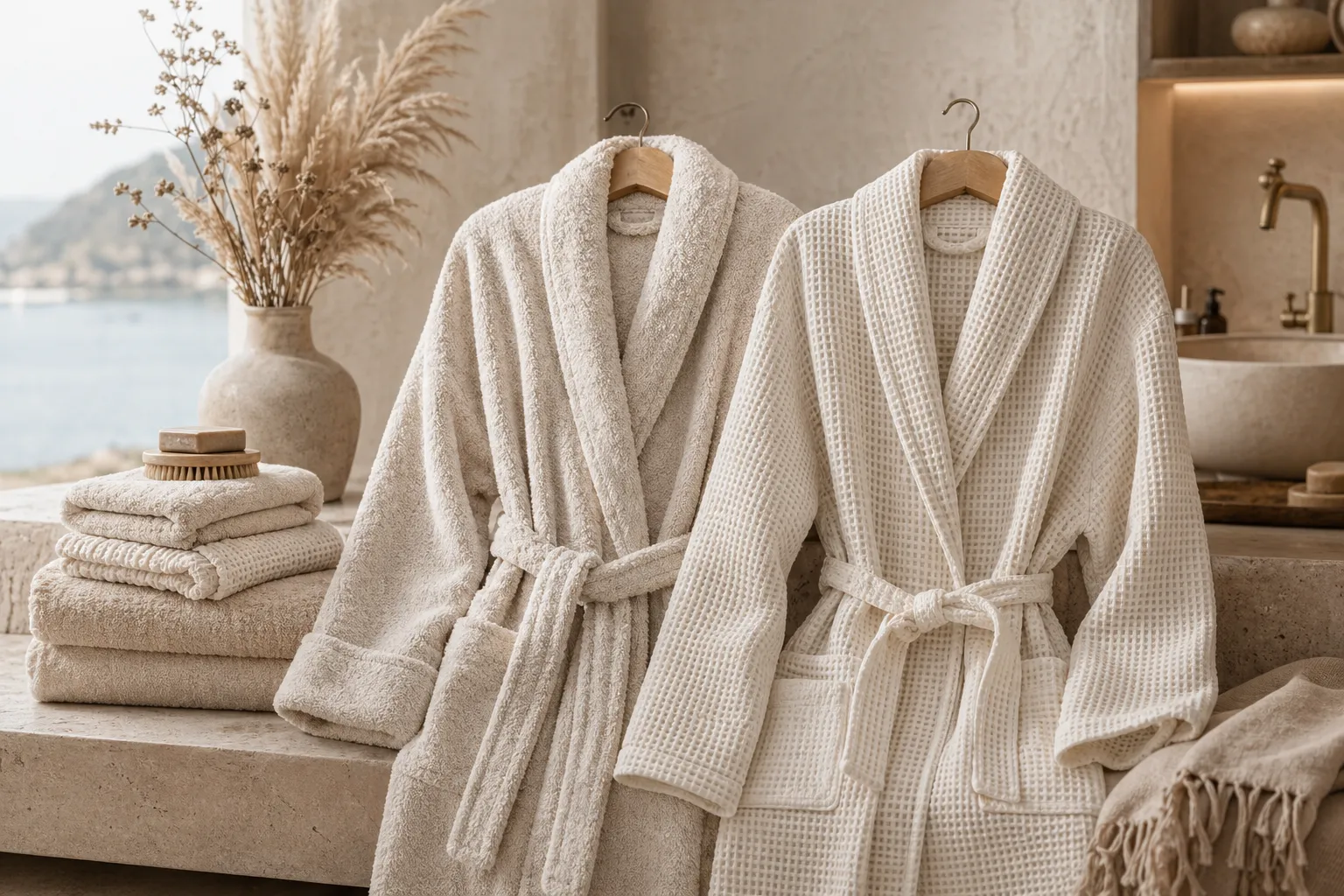 Premium terry and waffle bathrobes presented in a refined hospitality setting.