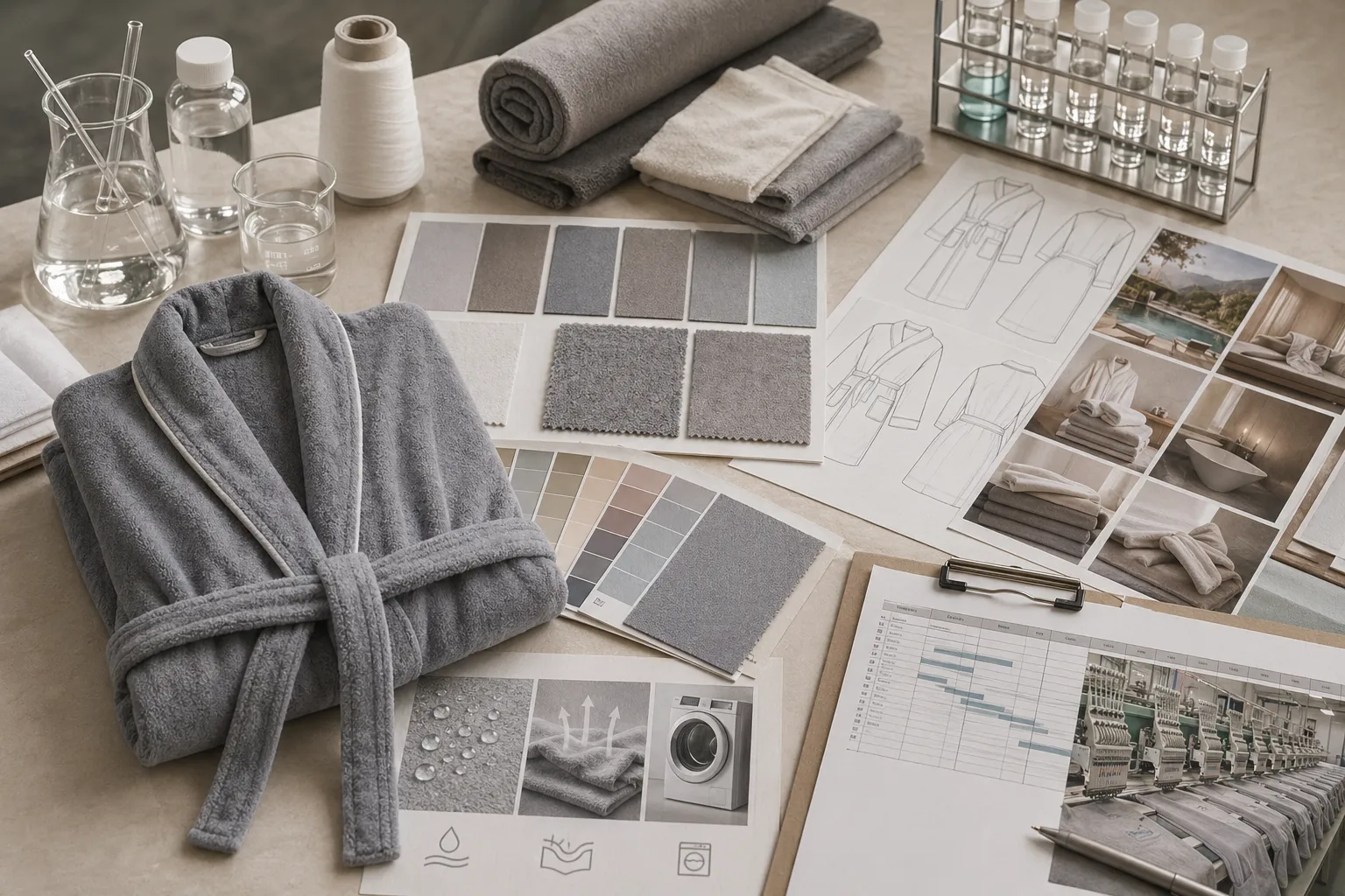 Development table with polyester and microfiber bathrobe swatches, quick-dry references, and durable program planning materials.