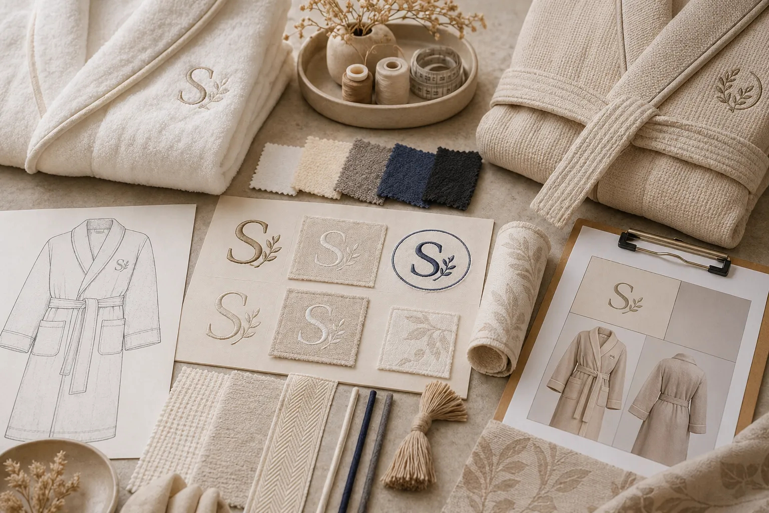 Bathrobe branding development table with logo sketches, embroidery swatches, and jacquard pattern references.