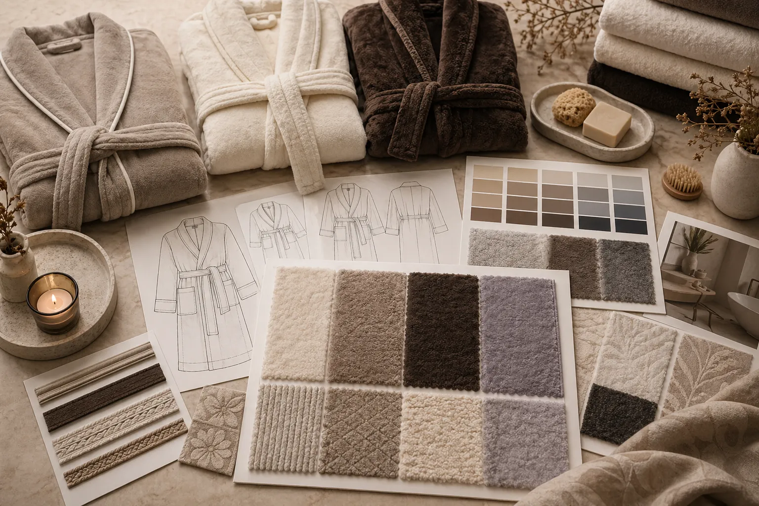 Luxury bathrobe development table with velour, plush, and wool-like swatches, premium palette cards, and product planning references.