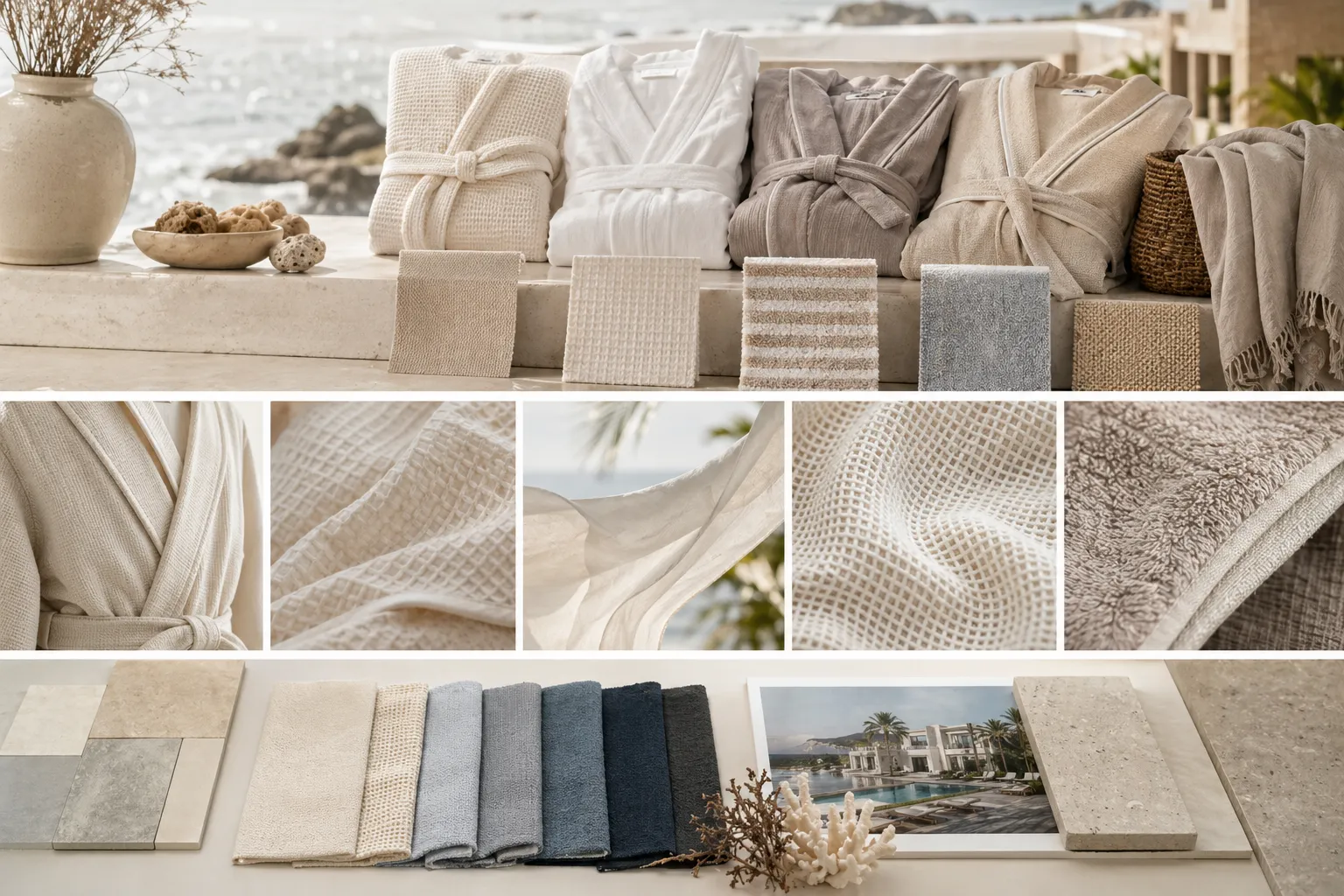 Fabric development table for resort bathrobes with lightweight swatches and breathable weave references.