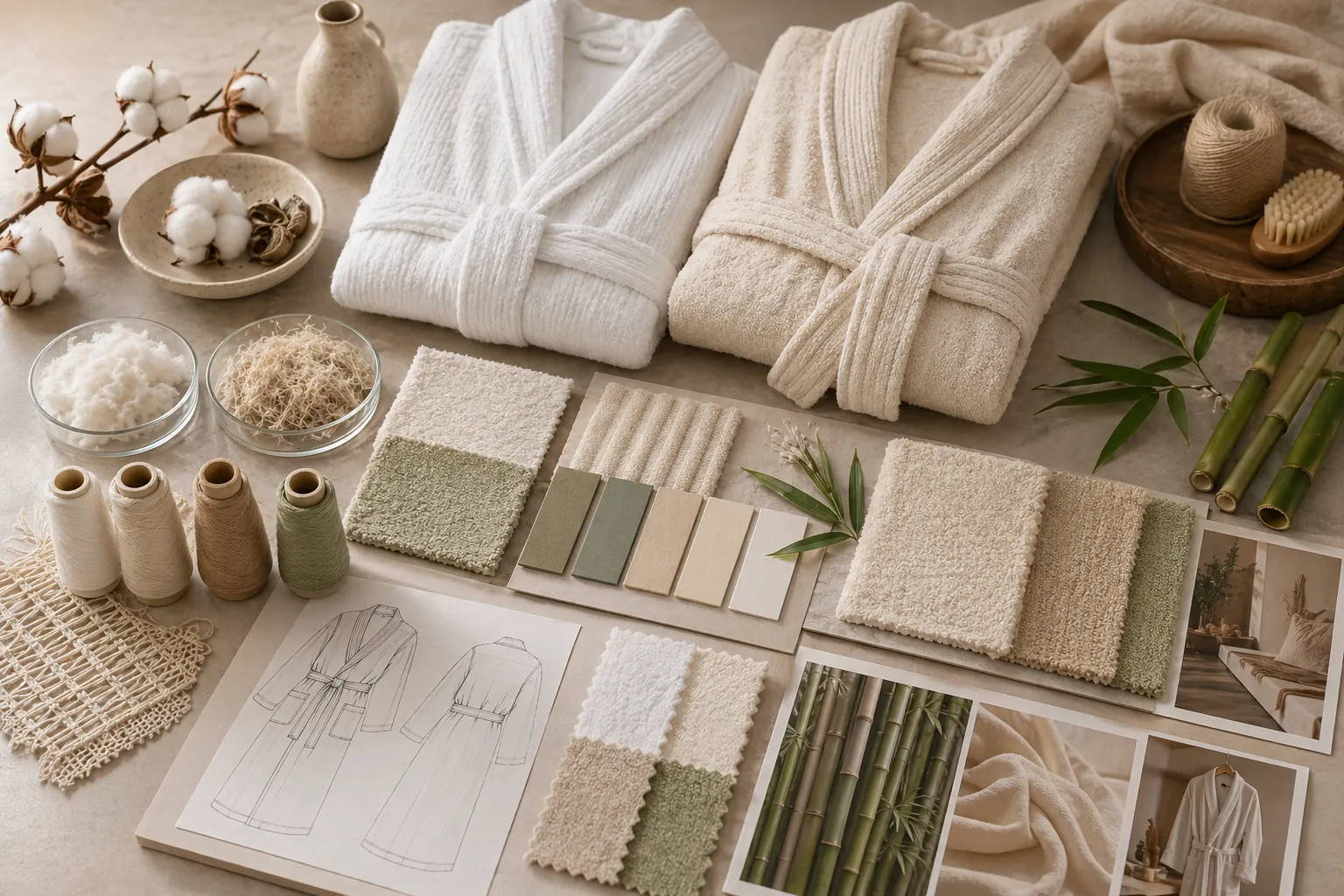 Development table with cotton and bamboo bathrobe swatches, absorbent textures, and material planning references.