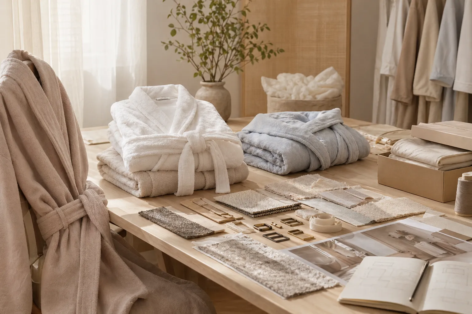 Bathrobe development table with folded robes, swatches, and planning materials for hospitality programs.
