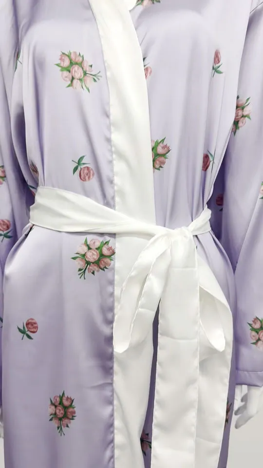 Purple Printed Silk Like Bathrobe - Detail View, Silk Like, Shawl Collar, Purple, 100GSM, Image 4