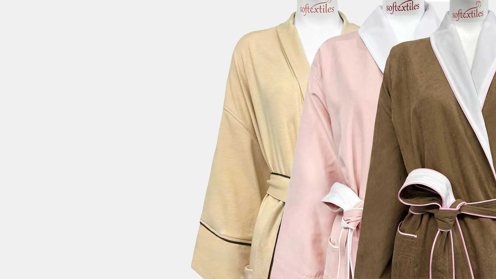 Soft double-layer satin bathrobes presented in multiple pastel and neutral colors.