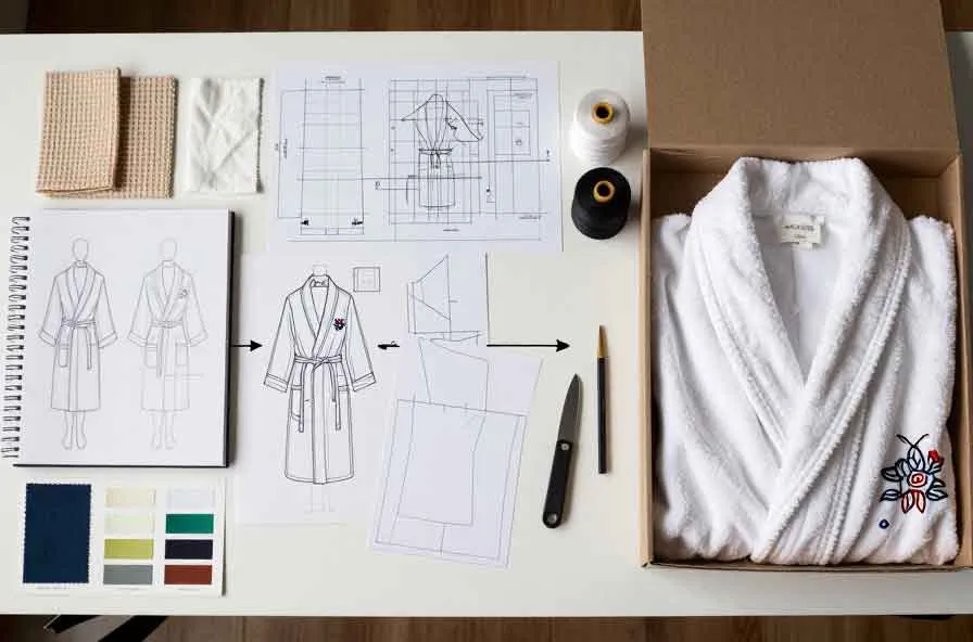 Custom bathrobe development board showing sketches, trims, colors, and private-label robe presentation details.