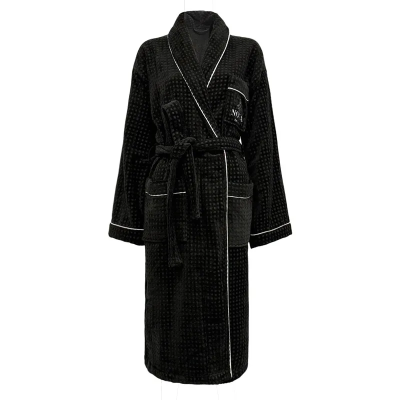 Charcoal Gray Embroidered Contrast Trim bathrobe collar reference, image 3, showing collar shape, neckline finishing, and edge construction.