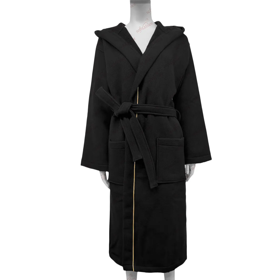 Black Waffle Towel Gold Embroidered bathrobe trim detail, image 6, showing robe silhouette, fit impression, and overall styling.