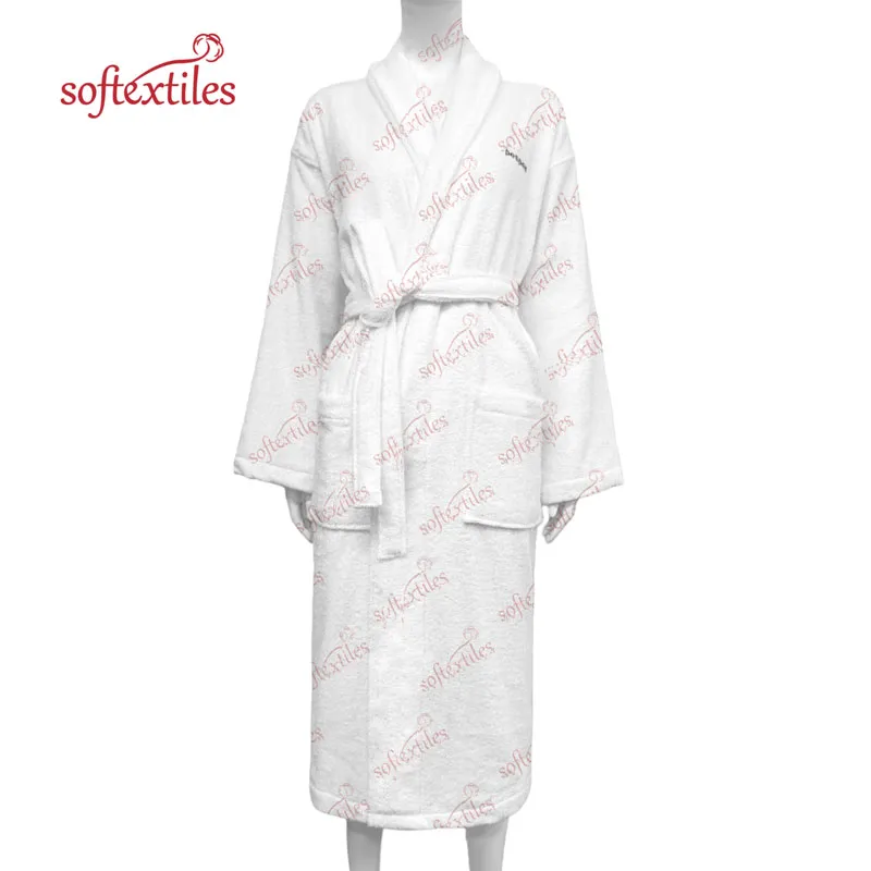 Pespespwhite Terry Behind Embroidered Bathrobe - Front View, Cotton, Shawl Collar / Embroidered, White, 400GSM, Image 10