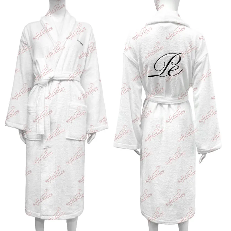 Pespespwhite Terry Behind Embroidered Bathrobe - Front View, Cotton, Shawl Collar / Embroidered, White, 400GSM, Image 2