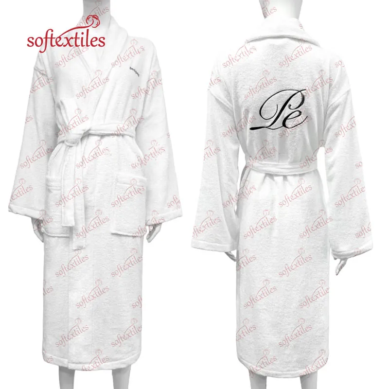 Pespespwhite Terry Behind Embroidered Bathrobe - Front View, Cotton, Shawl Collar / Embroidered, White, 400GSM, Image 11