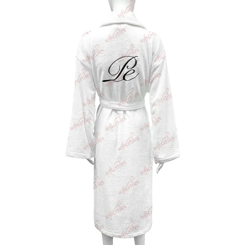 Pespespwhite Terry Behind Embroidered Bathrobe - Back View, Cotton, Shawl Collar / Embroidered, White, 400GSM, Image 3