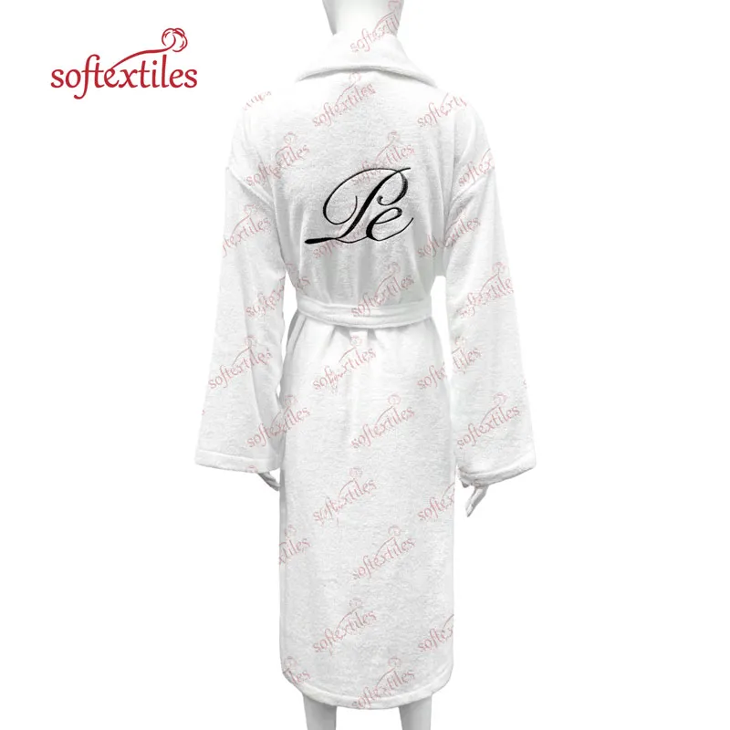 Pespespwhite Terry Behind Embroidered Bathrobe - Back View, Cotton, Shawl Collar / Embroidered, White, 400GSM, Image 12