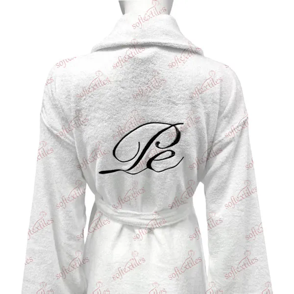 Pespespwhite Terry Behind Embroidered Bathrobe - Back View, Cotton, Shawl Collar / Embroidered, White, 400GSM, Image 4