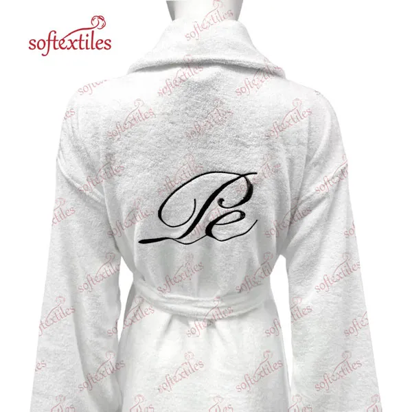 Pespespwhite Terry Behind Embroidered Bathrobe - Back View, Cotton, Shawl Collar / Embroidered, White, 400GSM, Image 13