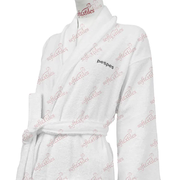Pespespwhite Terry Behind Embroidered Bathrobe - Right Side View, Cotton, Shawl Collar / Embroidered, White, 400GSM, Image 5