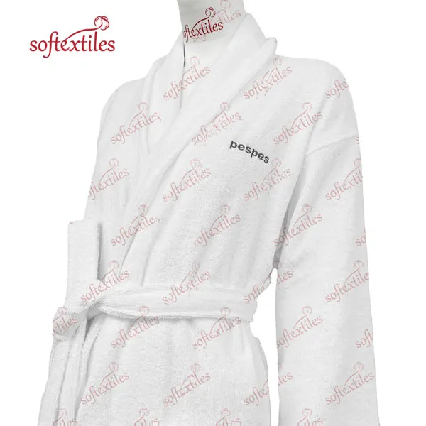 Pespespwhite Terry Behind Embroidered Bathrobe - Right Side View, Cotton, Shawl Collar / Embroidered, White, 400GSM, Image 14