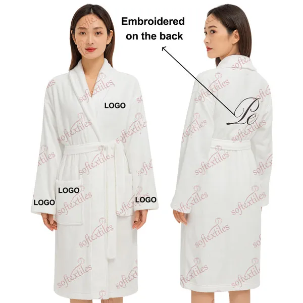Pespespwhite Terry Behind Embroidered Bathrobe - Front View, Cotton, Shawl Collar / Embroidered, White, 400GSM, Image 7