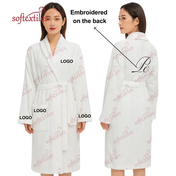 Pespespwhite Terry Behind Embroidered Bathrobe - Front View, Cotton, Shawl Collar / Embroidered, White, 400GSM, Image 16