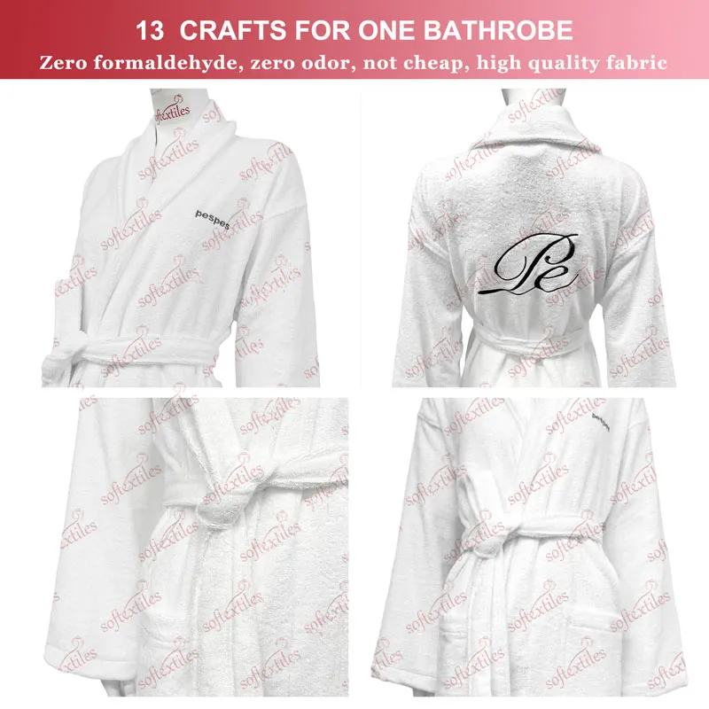 Pespespwhite Terry Behind Embroidered Bathrobe - Detail View, Cotton, Shawl Collar / Embroidered, White, 400GSM, Image 8