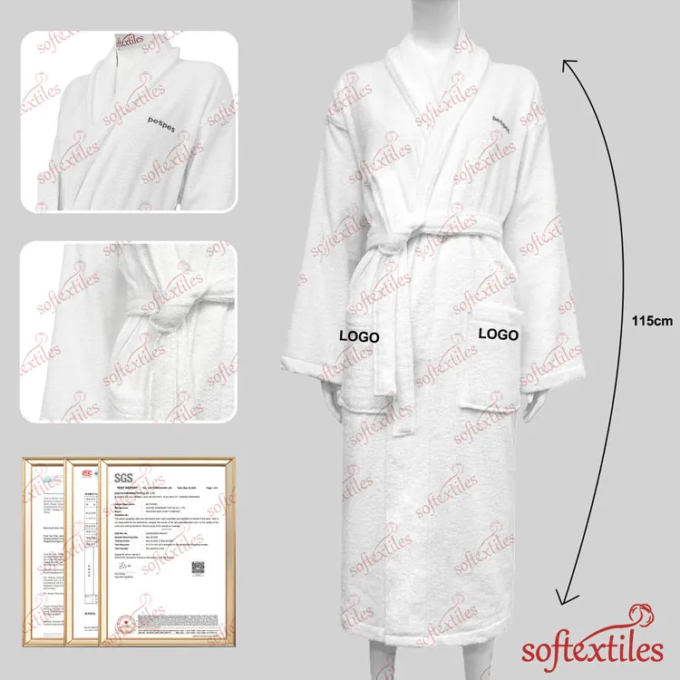 Pespespwhite Terry Behind Embroidered Bathrobe - Front View, Cotton, Shawl Collar / Embroidered, White, 400GSM, Image 9