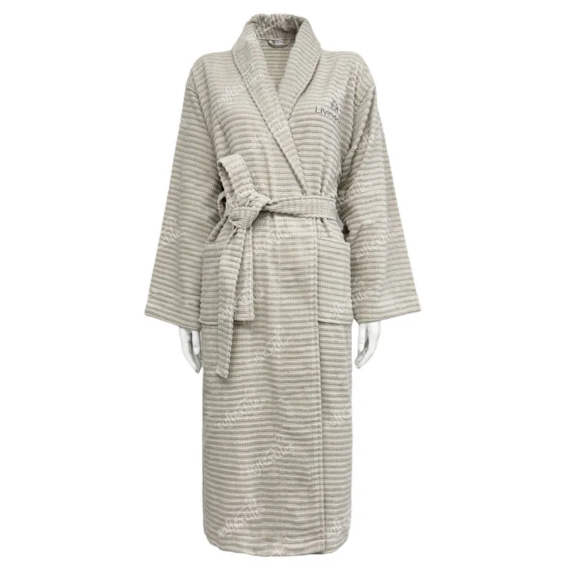 Daily Milk Gray Jacquard Bathrobe - Front View, Cotton, Shawl Collar / Embroidered, Milk Gray, 300GSM, Image 1