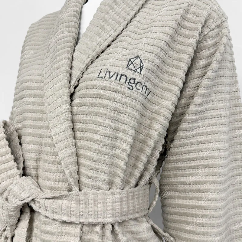 Daily Milk Gray Jacquard Bathrobe - Detail View, Cotton, Shawl Collar / Embroidered, Milk Gray, 300GSM, Image 3