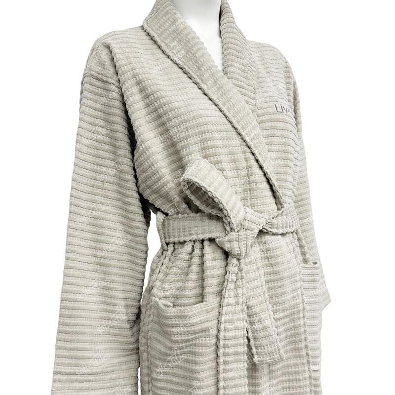 Daily Milk Gray Jacquard Bathrobe - Three-Quarter Front View, Cotton, Shawl Collar / Embroidered, Milk Gray, 300GSM, Image 6