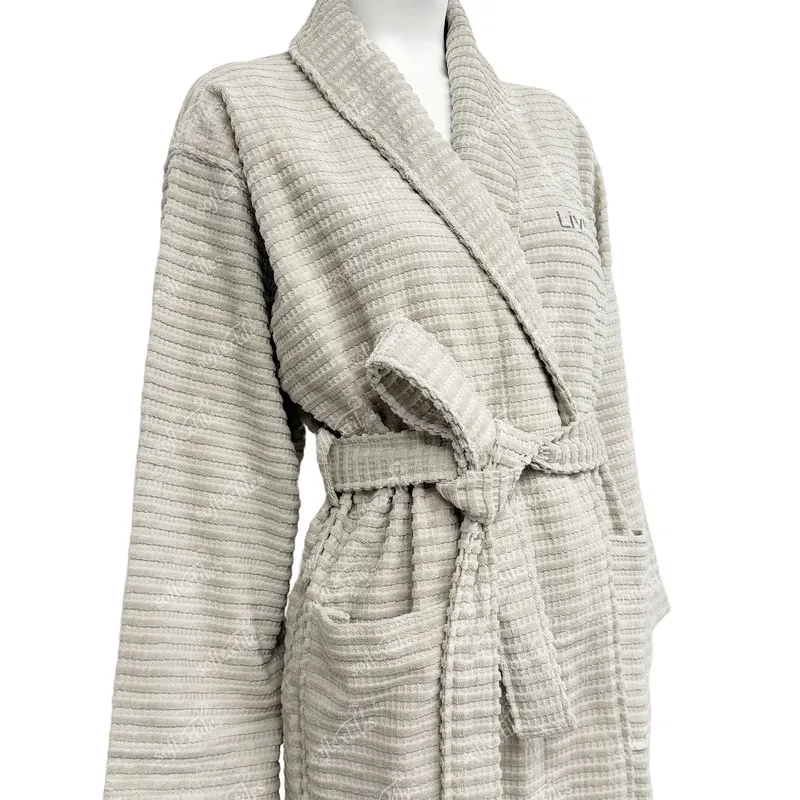 Daily Milk Gray Jacquard bathrobe trim detail, image 6, showing robe silhouette, fit impression, and overall styling.