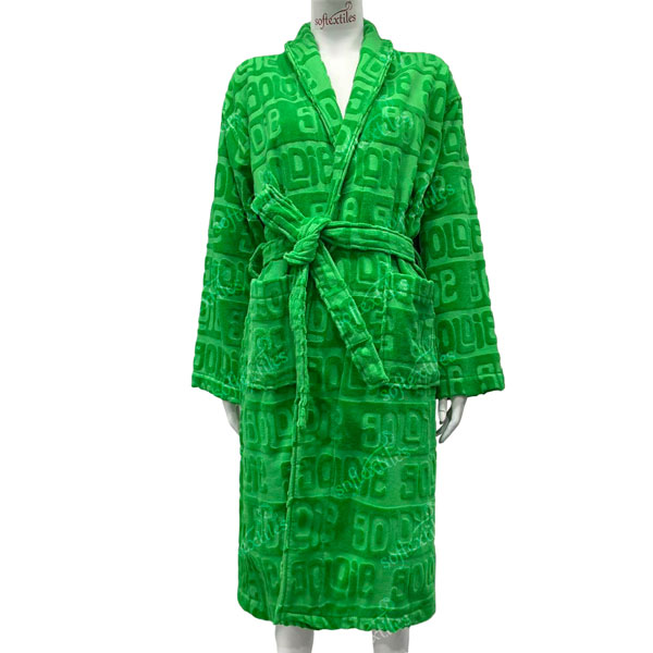 Green Jacquard Bathrobe - Front View, Polyester, Shawl Collar, Green, 350GSM, Image 1