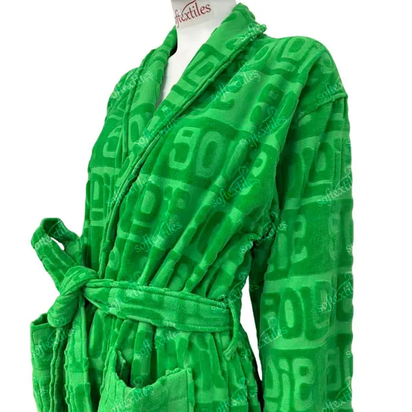 Green Jacquard Bathrobe - Right Side View, Polyester, Shawl Collar, Green, 350GSM, Image 2