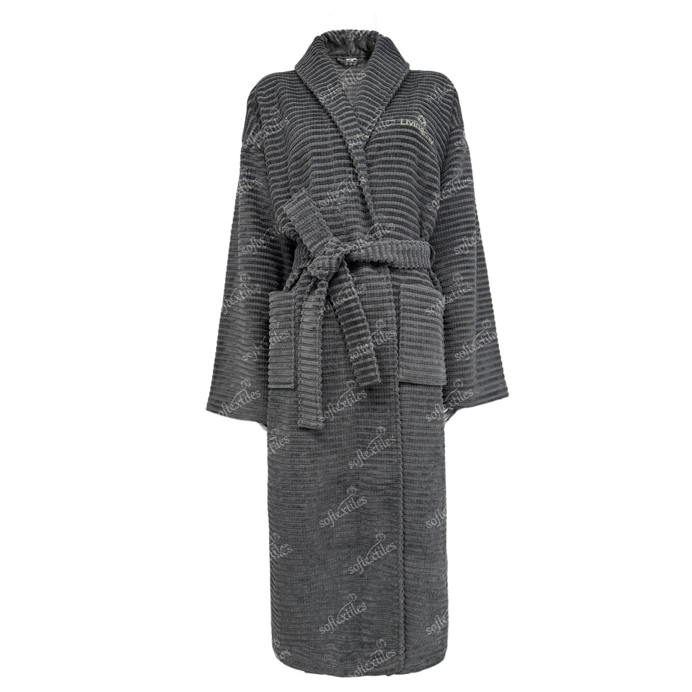 Grey Jacquard Bathrobe - Front View, Cotton, Shawl Collar / Embroidered, Charcoal, 300GSM, Image 1